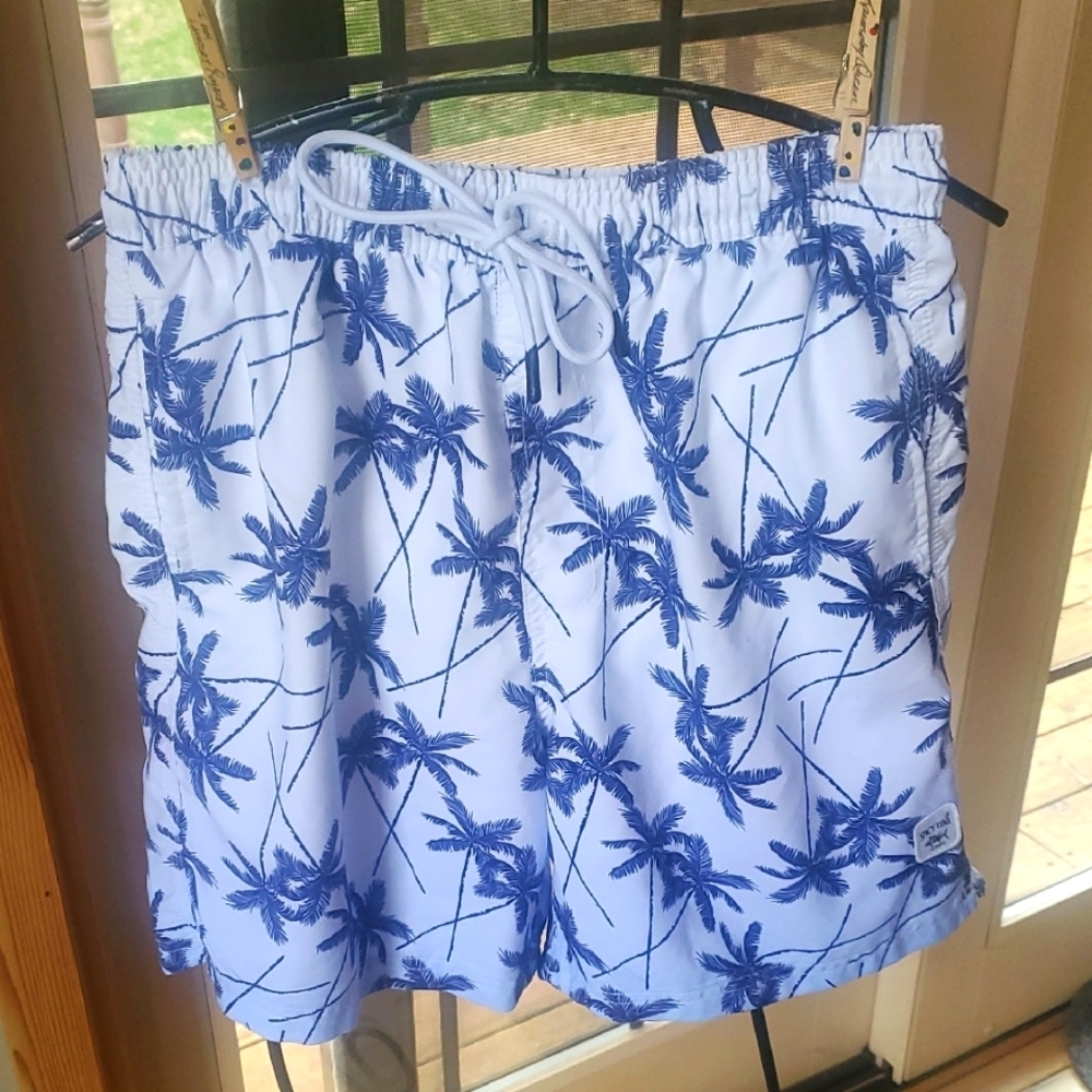 Spicy Tuna Blue and White Palm Tree Swim Hawaiian Sz. M‎ Swim Trunks w Pockets